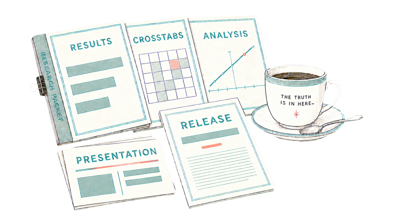 Illustrated research packet with results, crosstabs, analysis, presentation materials, and a coffee cup.