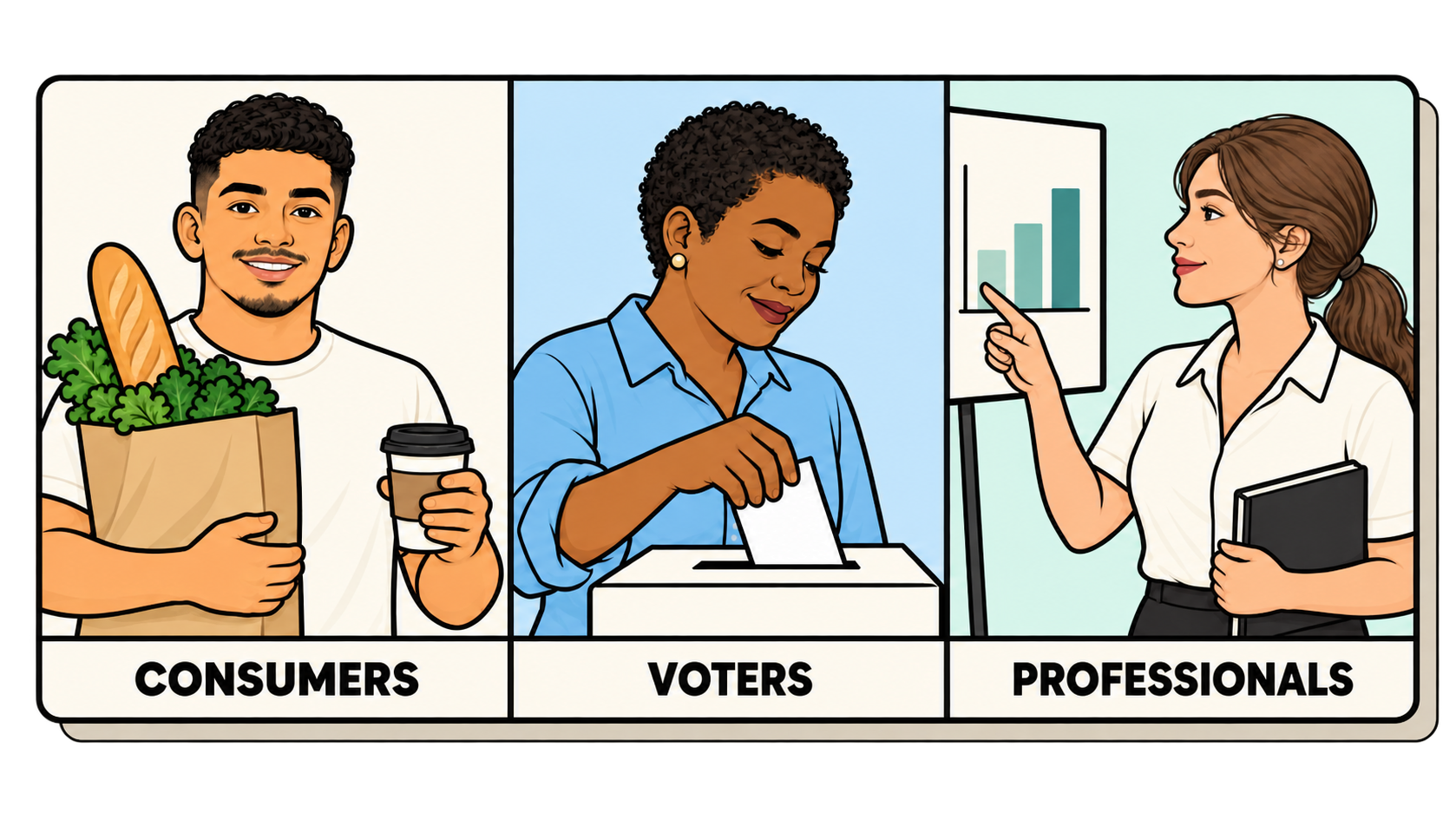 Three audience panels with a subtle Sand shadow: a consumer carrying groceries and coffee, a voter casting a ballot, and a professional presenting at a board.