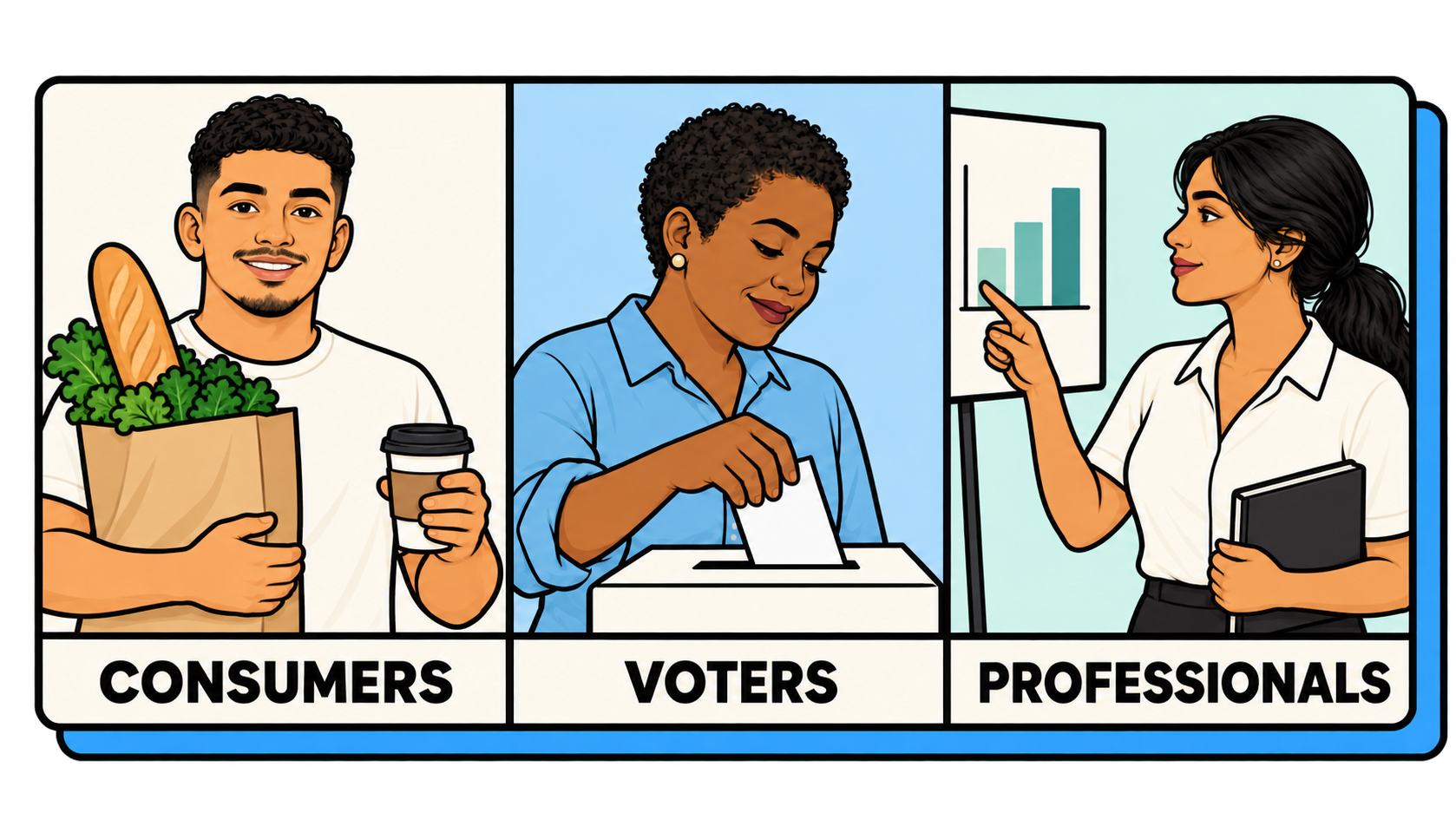 Three audience panels: a consumer carrying groceries and coffee, a voter casting a ballot, and a professional presenting at a board.