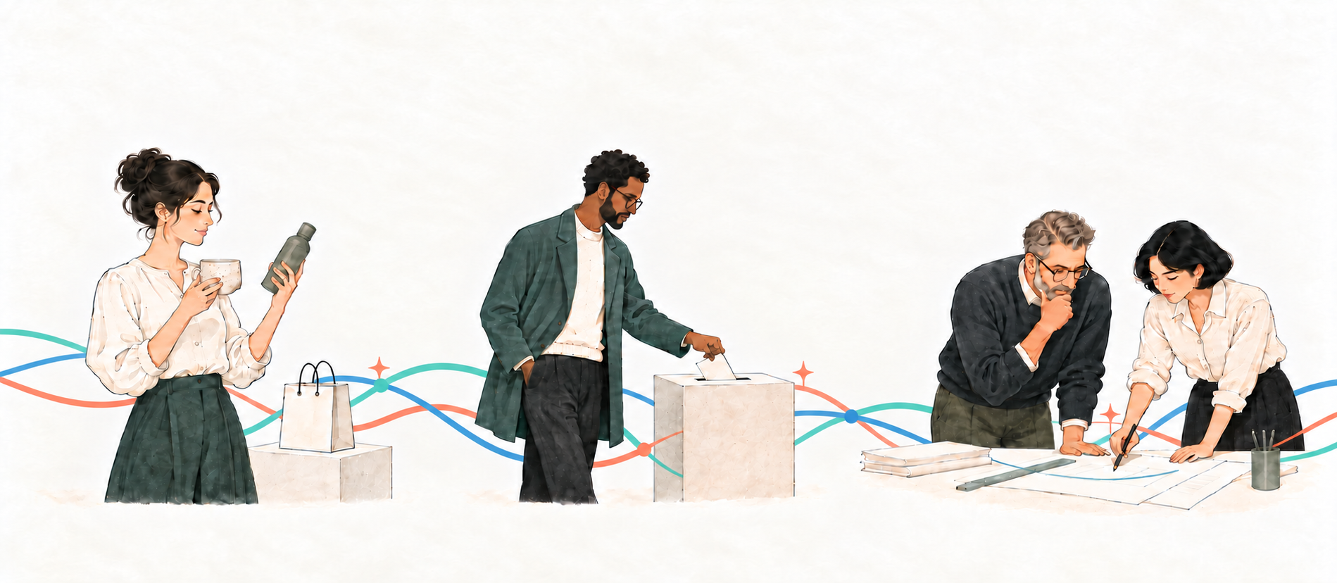 Consumers, voters, and professionals connected by interwoven audience-intelligence signals.