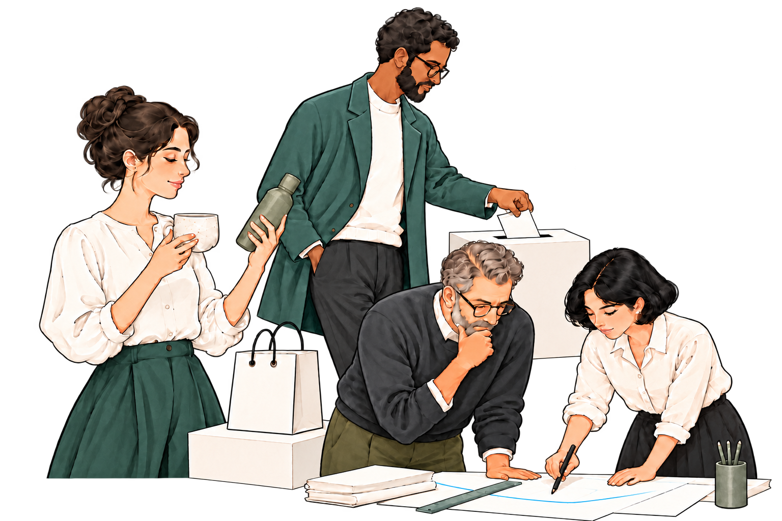 A consumer, a voter, and two professionals in a staggered composition.