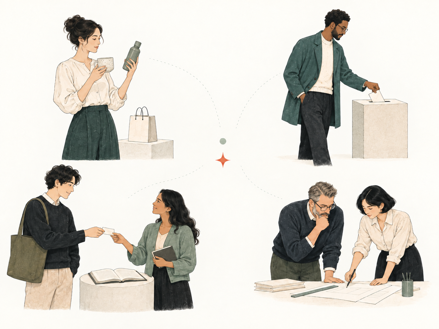 Four illustrated human moments representing consumers, voters, members, and professionals.