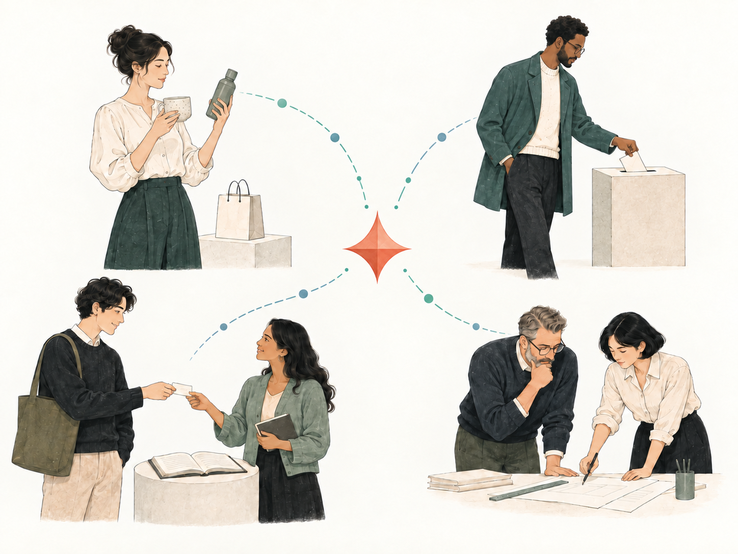Four illustrated human moments connected to a central audience-intelligence signal, representing consumers, voters, members, and professionals.