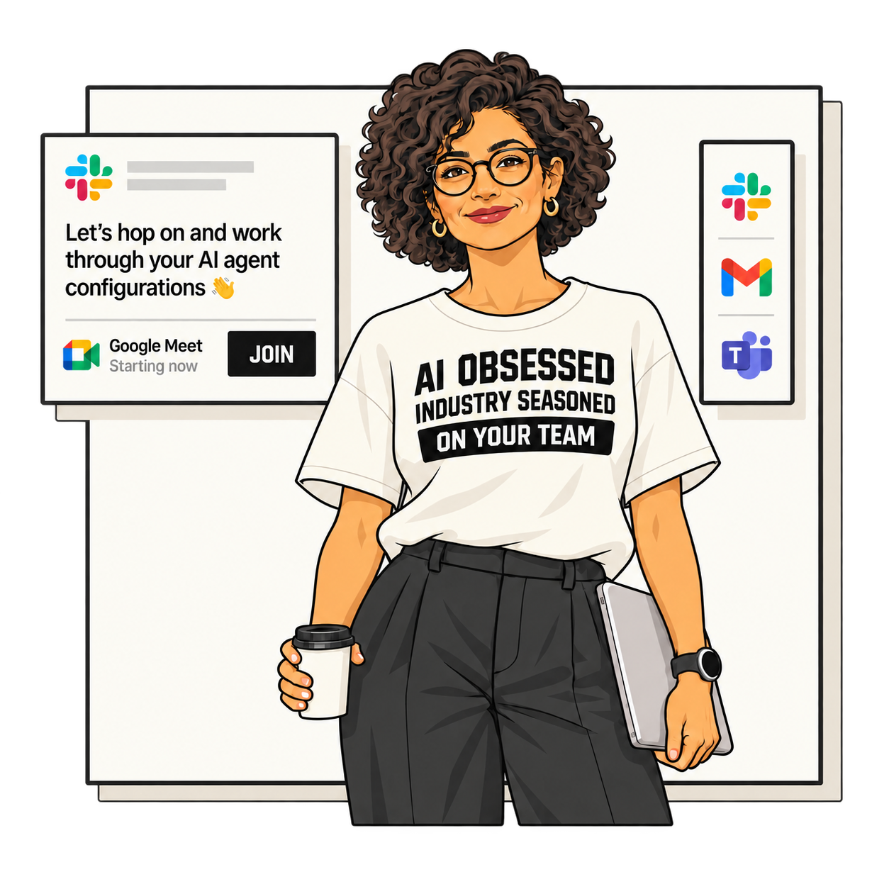 Your embedded Wick expert, in a shirt that says AI obsessed, industry seasoned, on your team, holding a coffee and a laptop. A Slack message offers to work through your AI agent configurations, with a Google Meet starting now. Slack, Gmail and Teams icons sit to the side.