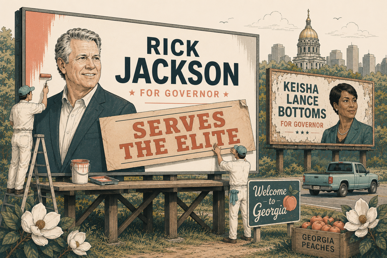 Illustration of a Rick Jackson billboard being covered with a sign that says serves the elite, with a Keisha Lance Bottoms billboard in the background.