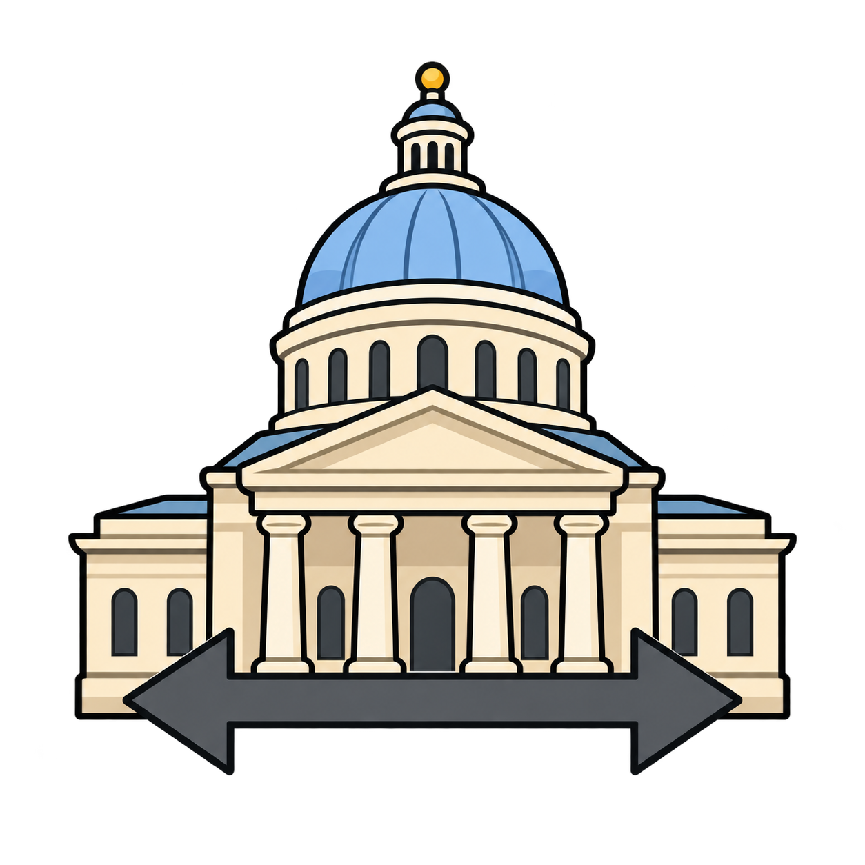A state capitol with a level horizontal arrow.