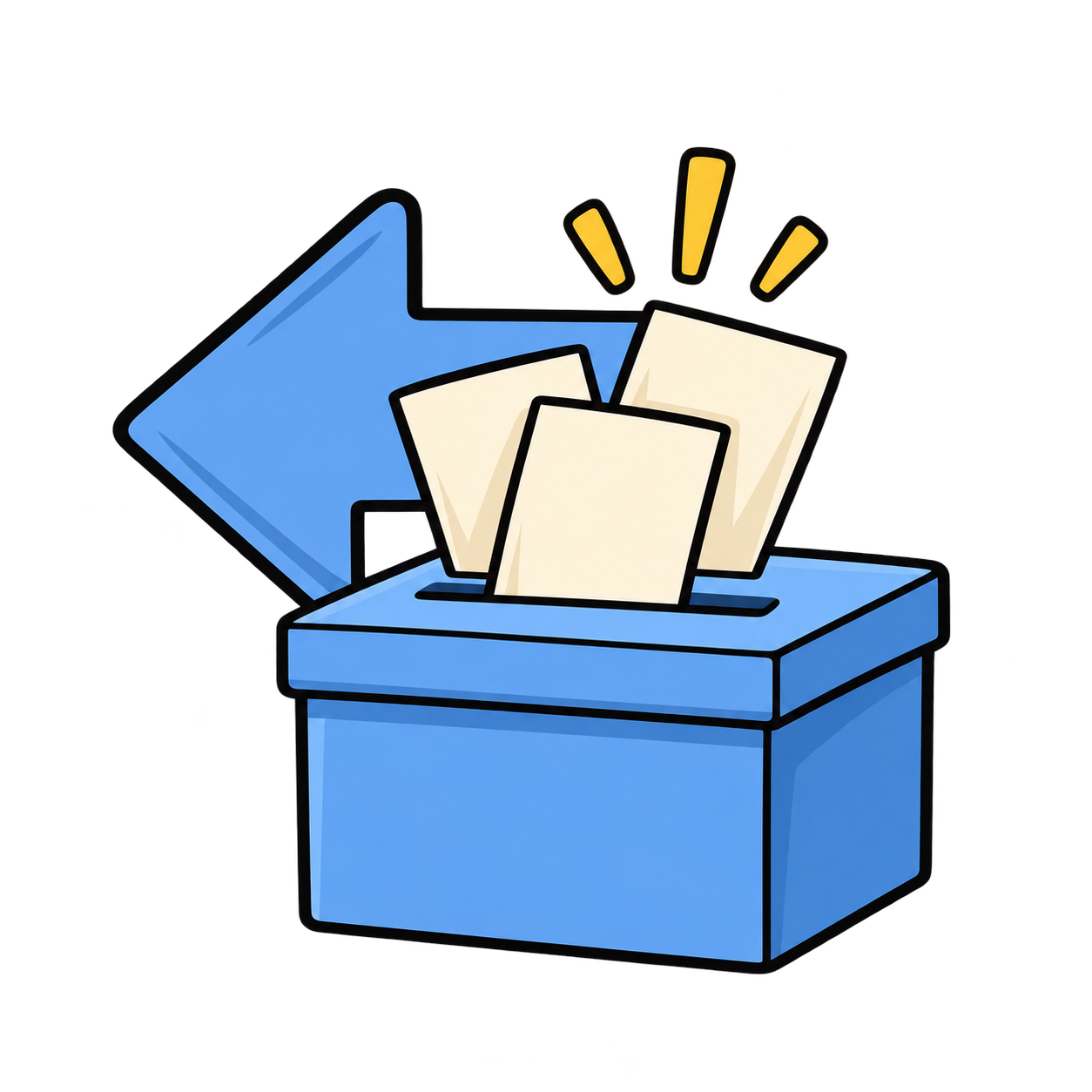 A blue ballot box with a large arrow pointing left.