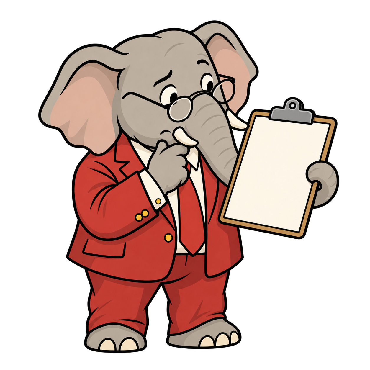 A Republican elephant inspects an empty clipboard.
