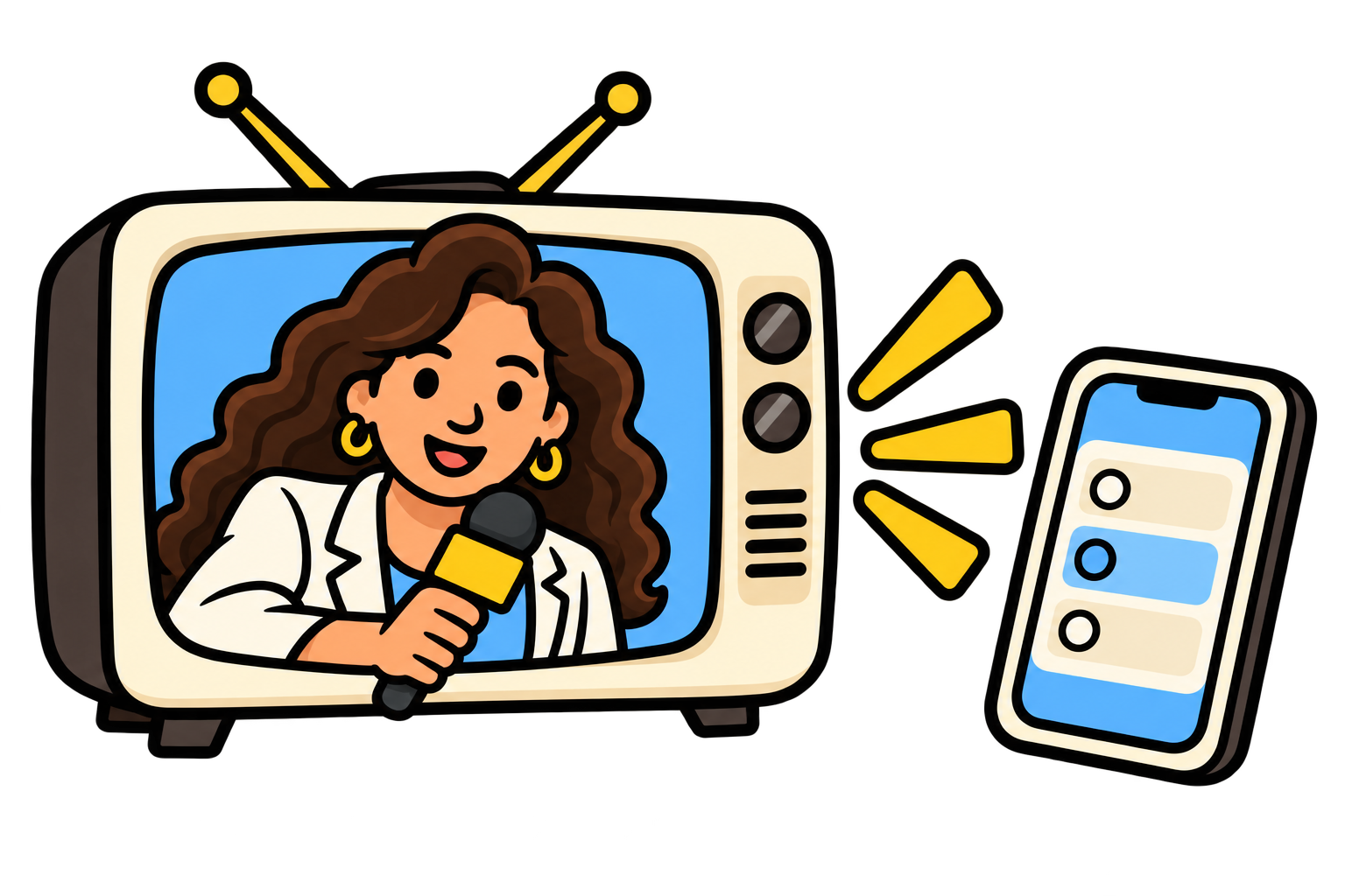 A television news presenter broadcasts toward a smartphone survey.