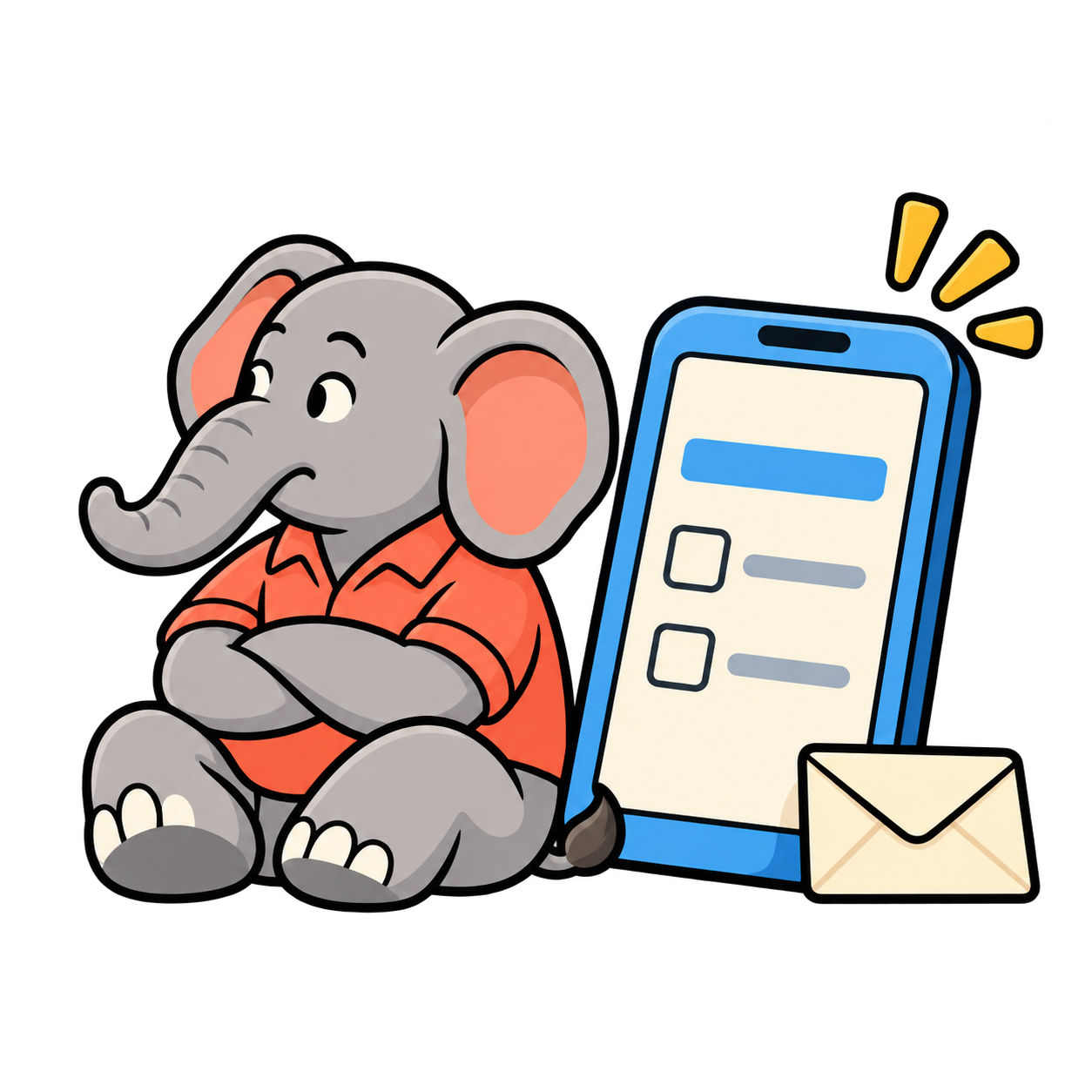 A Republican elephant looks away from an unanswered survey on a phone.