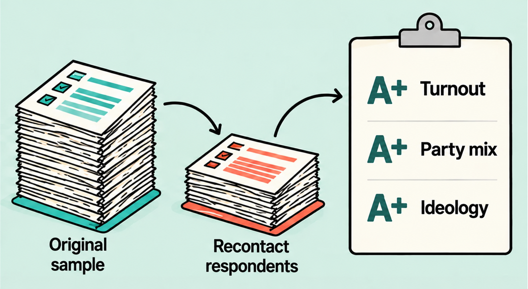Original sample and recontact response stacks beside a clipboard grading Turnout, Party mix and Ideology A+ each.