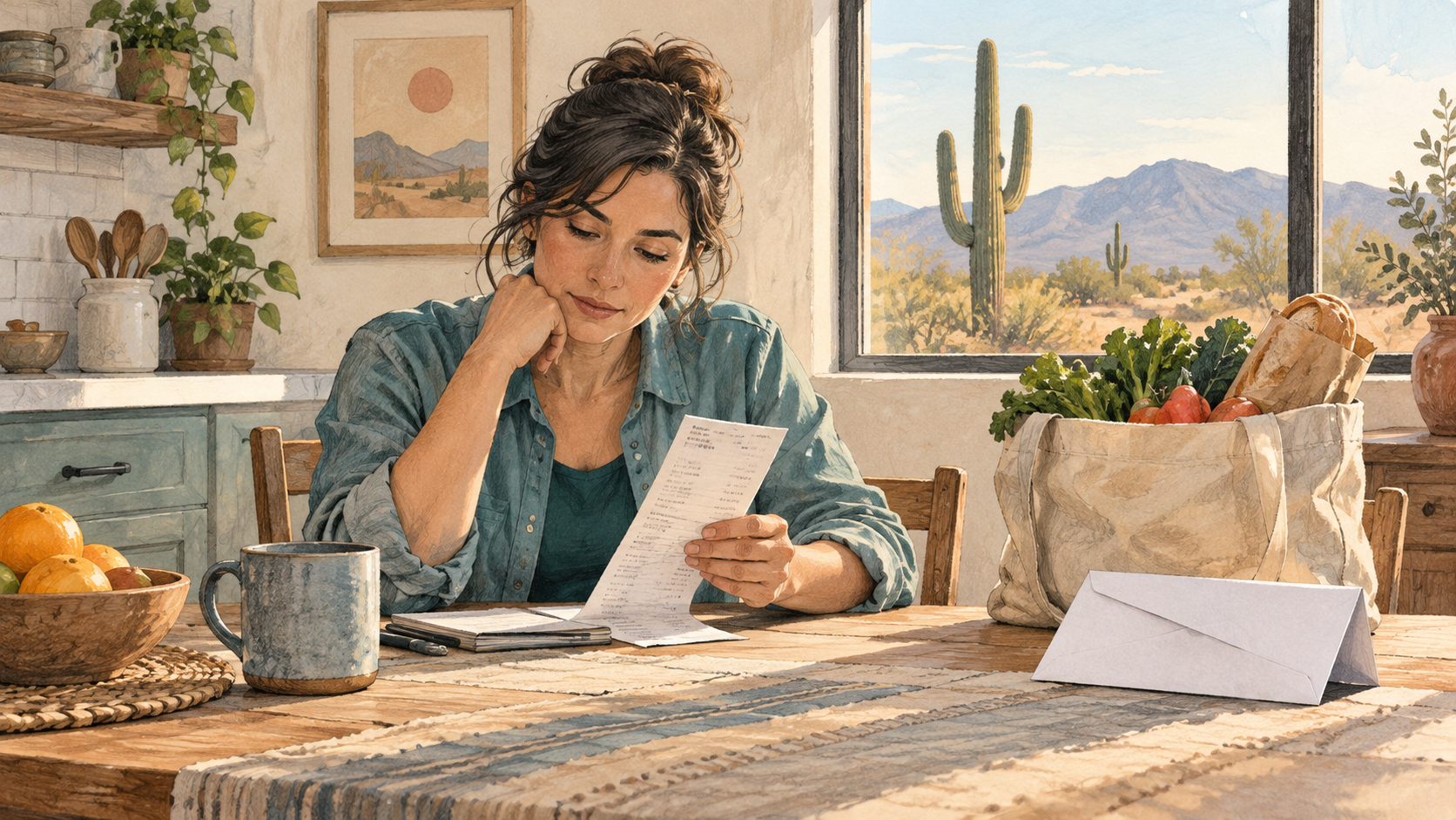 Editorial illustration of an Arizona resident reviewing a grocery receipt at a kitchen table, with groceries and a plain envelope nearby.