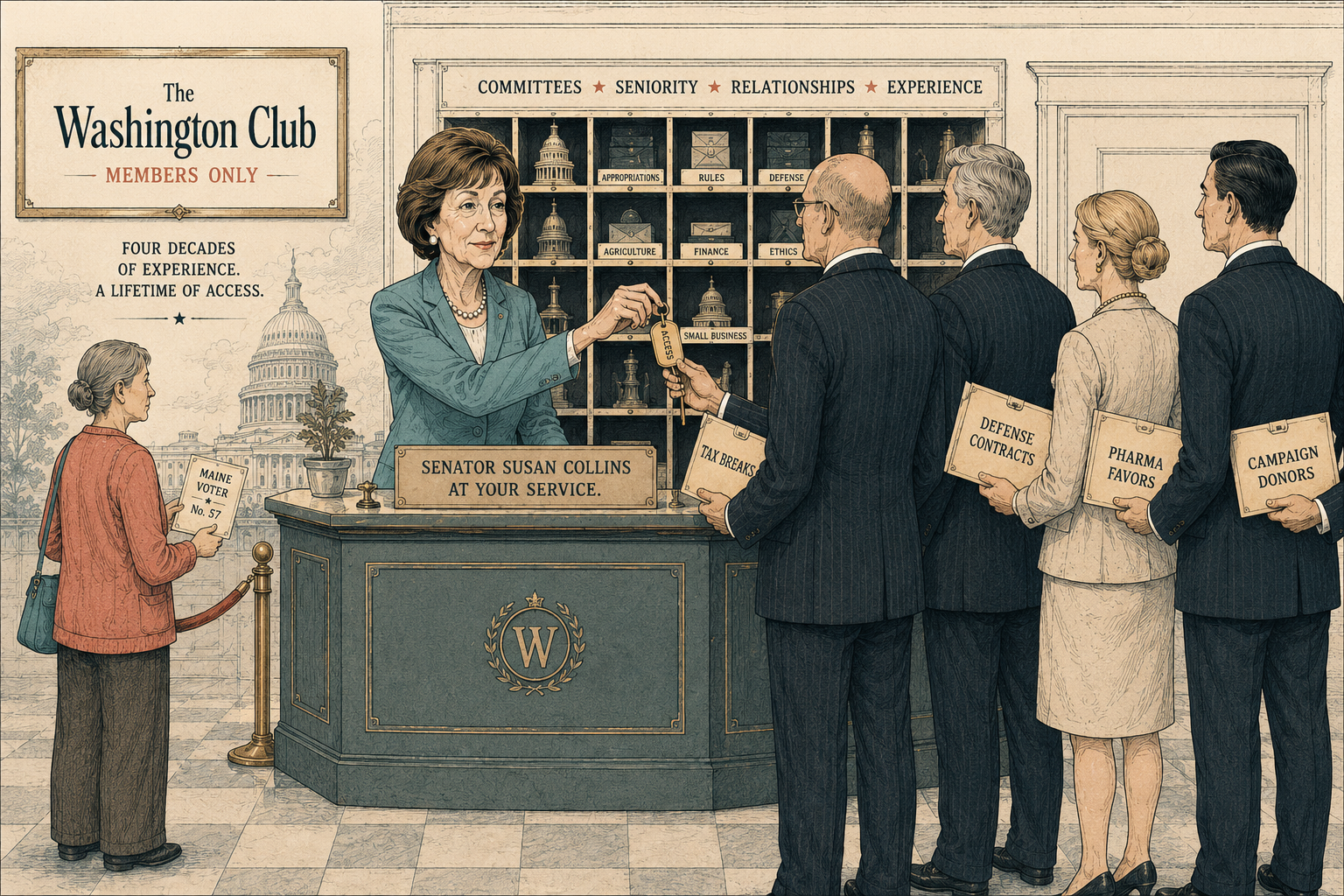 Editorial illustration of a members-only Washington Club concierge desk labeled Senator Susan Collins at your service, where Collins hands an access key to a line of lobbyists holding folders labeled tax breaks, defense contracts, pharma favors, and campaign donors, while a lone Maine voter holding ticket number 57 waits behind a velvet rope.